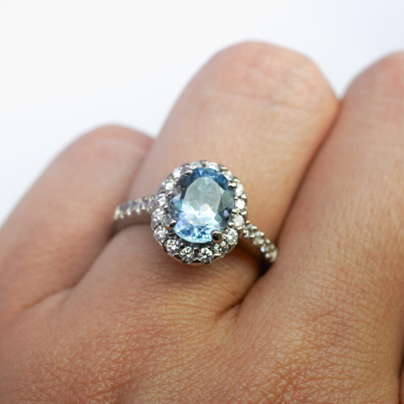 2ct Aquamarine & Diamond Halo 18ct White Gold Ring Size M Val $5900 #65126