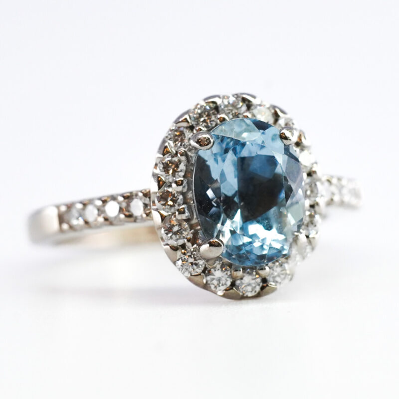 2ct Aquamarine & Diamond Halo 18ct White Gold Ring Size M Val $5900 #65126