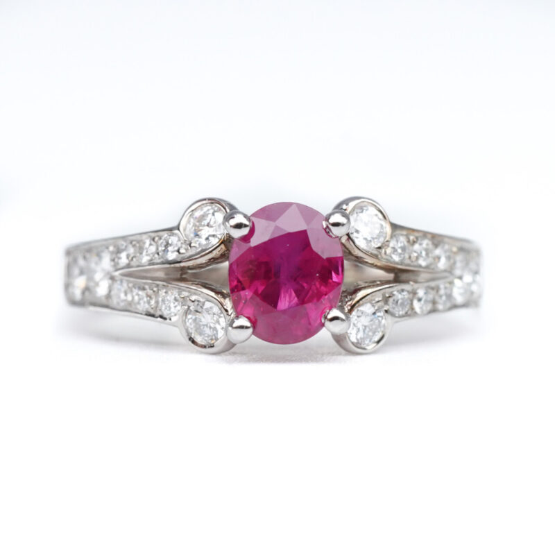 1.05ct Natural Ruby & 0.59ct Diamond 18ct White Gold Ring Size J Val $16500 #64502