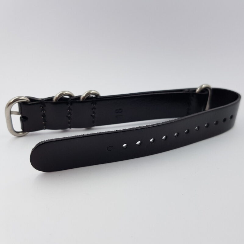 18mm Leather Military-Style Watch Strap – Black with Silver Buckle #65631