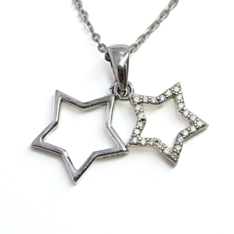 Double Star CZ Pendant on Sterling Silver Cable Link Chain 45cm #65108