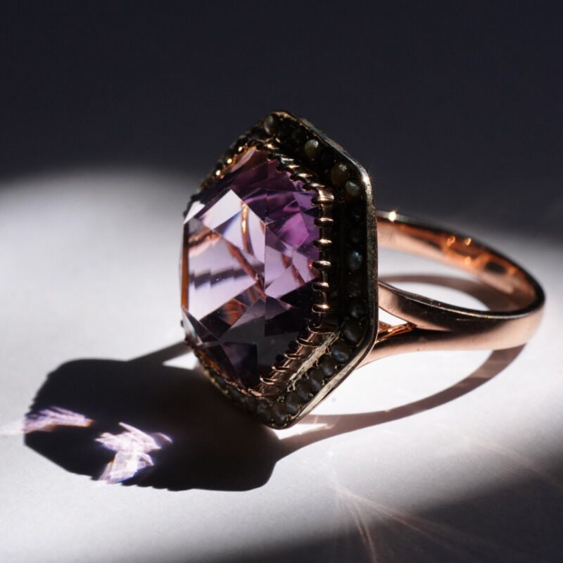 Vintage Amethyst & Seed Pearl Ring in 9ct Rose Gold Size O #62192 - Image 4