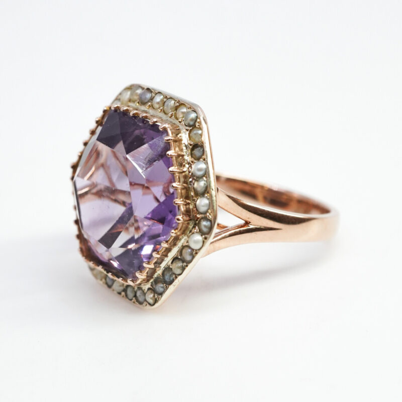 Vintage Amethyst & Seed Pearl Ring in 9ct Rose Gold Size O #62192 - Image 9