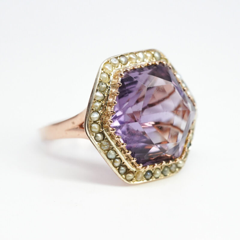 Vintage Amethyst & Seed Pearl Ring in 9ct Rose Gold Size O #62192 - Image 7