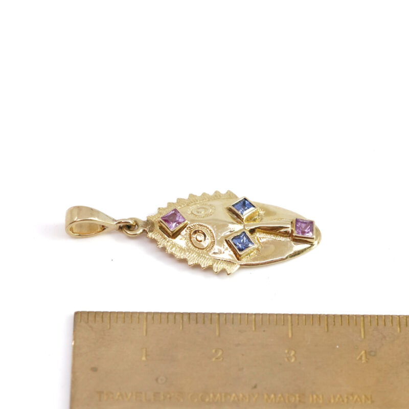 Vintage 18ct Yellow Gold Pink & Blue Sapphires Tribal Mask Pendant #4255-39 - Image 3