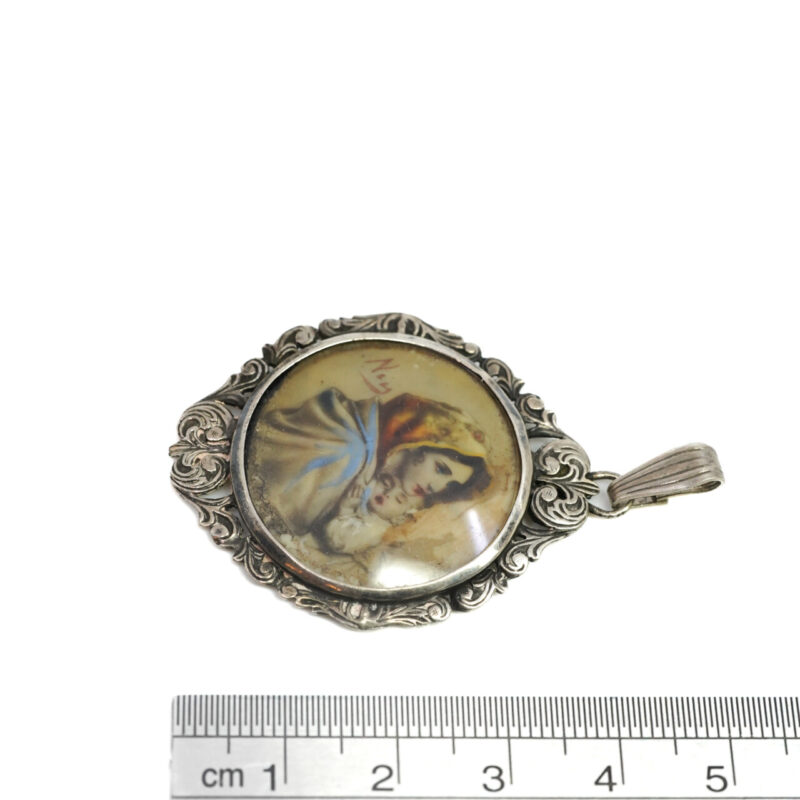 Antique Sterling Silver Ornate Pendant – Hand-Painted Mother & Baby Scene #4255-13 - Image 5