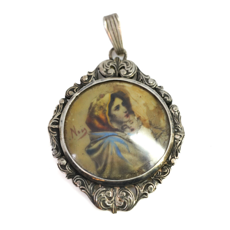 Antique Sterling Silver Ornate Pendant – Hand-Painted Mother & Baby Scene #4255-13 - Image 13