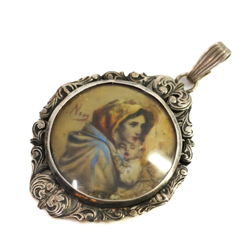 Antique Sterling Silver Ornate Pendant – Hand-Painted Mother & Baby Scene #4255-13