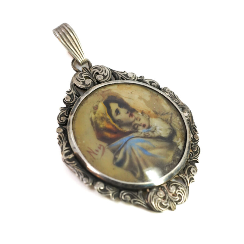 Antique Sterling Silver Ornate Pendant – Hand-Painted Mother & Baby Scene #4255-13 - Image 9