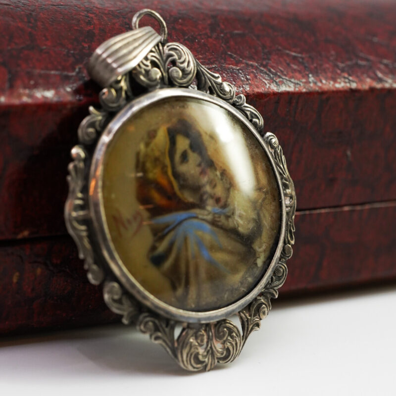 Antique Sterling Silver Ornate Pendant – Hand-Painted Mother & Baby Scene #4255-13 - Image 2