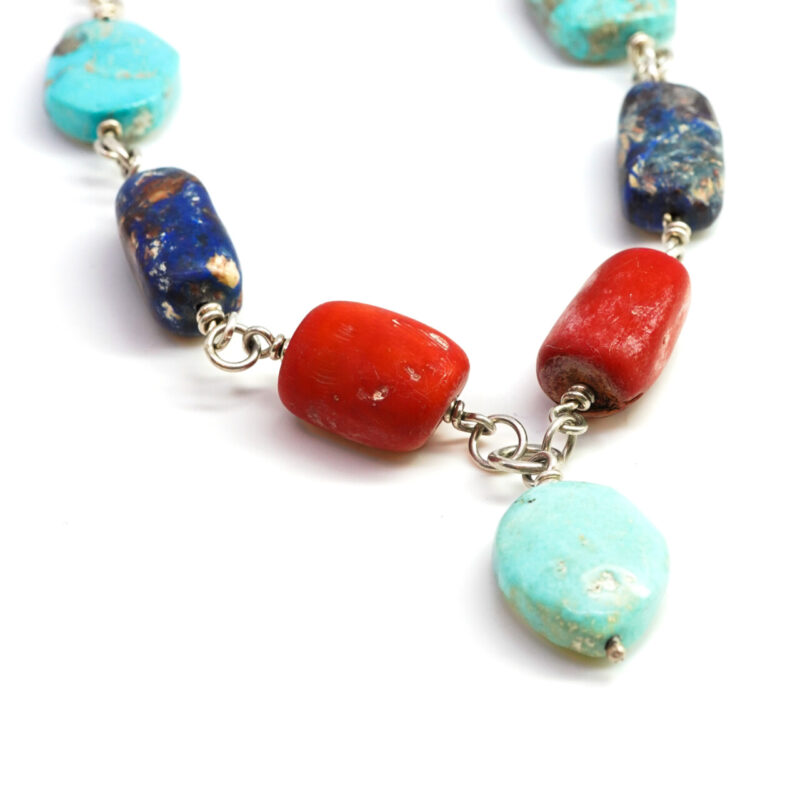 Vintage Sterling Silver Turquoise, Sodalite & Coral Necklace 49cm #4255-47 - Image 5