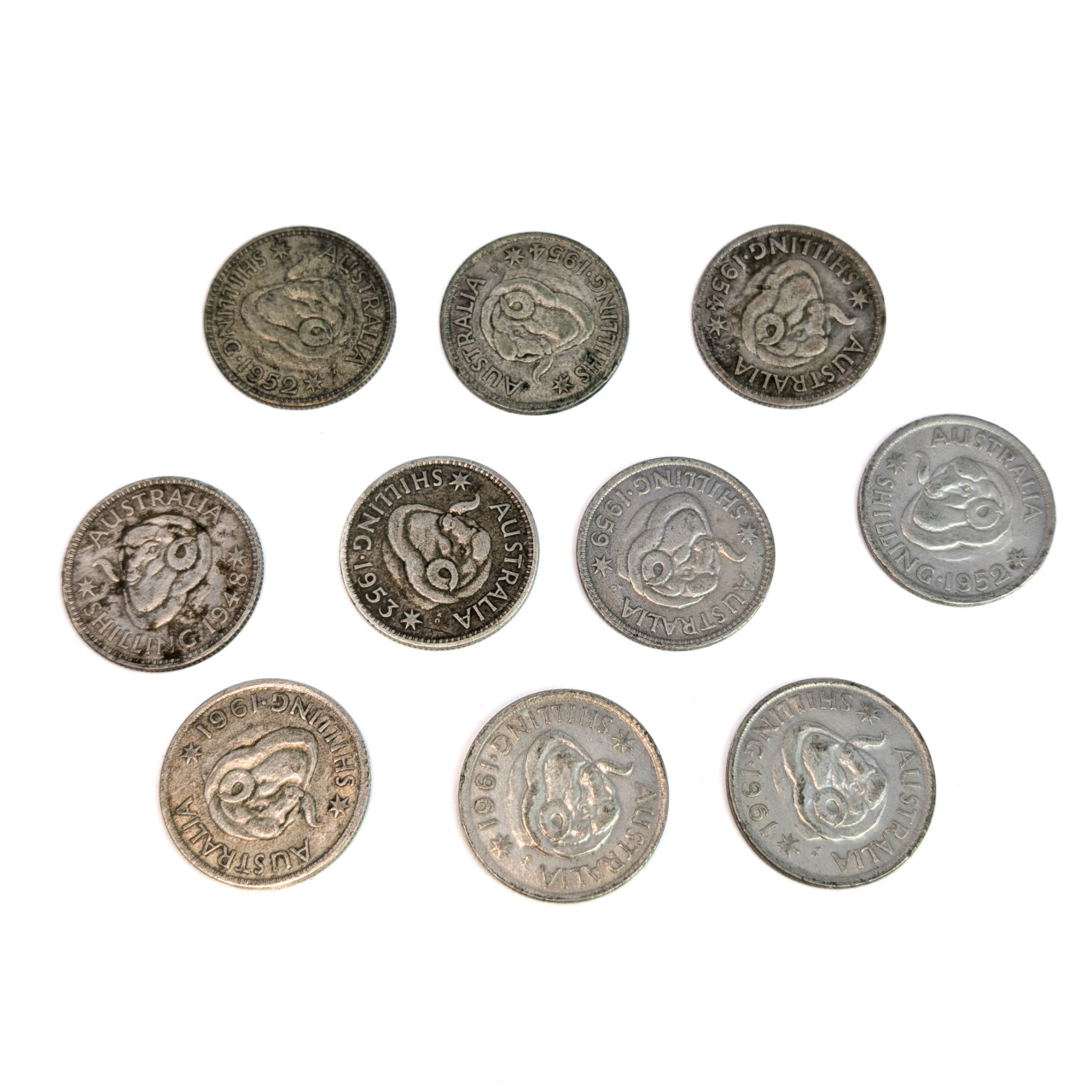 Collection of 10 Post-War Australian Shillings – 50% Silver (1948–1961) – Good Grades #64292-23