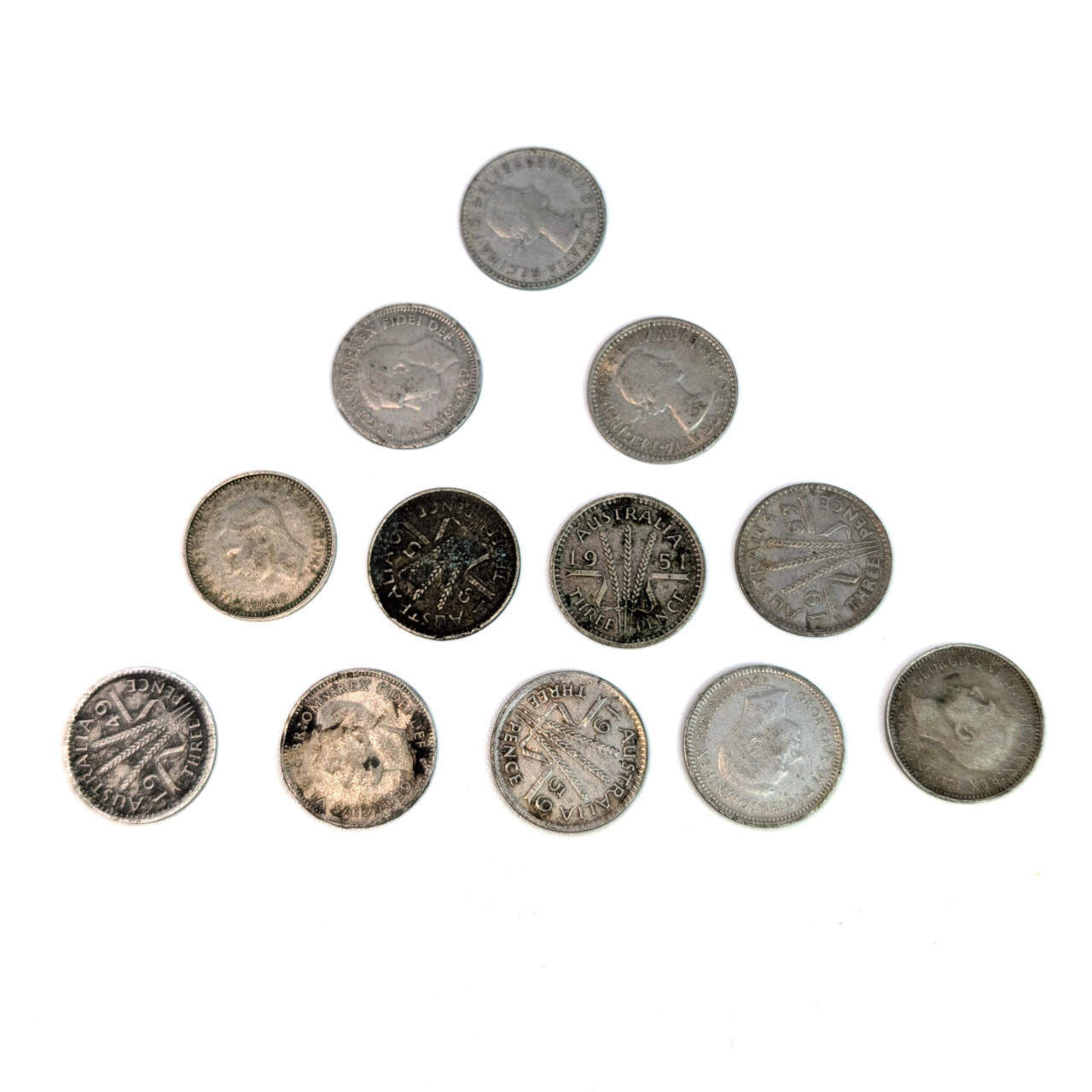 Collection of 12 Australian Post-War Threepence Coins – 50% Silver #64292-30
