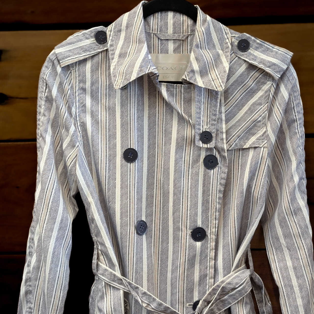 Coach Striped Rain Coat Jacket – Size XS/TP – Grey/White/Green #66087 Coach Striped Rain Coat Jacket – Size XS/TP – Grey/White/Green #66087 - Image 4