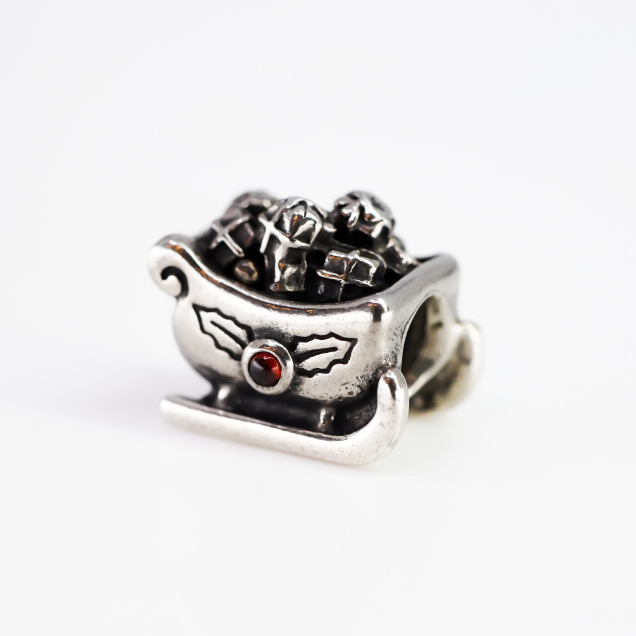 Pandora Sterling Silver Santas Sleigh with Garnet Holly Charm #65169-4 Pandora Sterling Silver Santas Sleigh with Garnet Holly Charm #65169-4