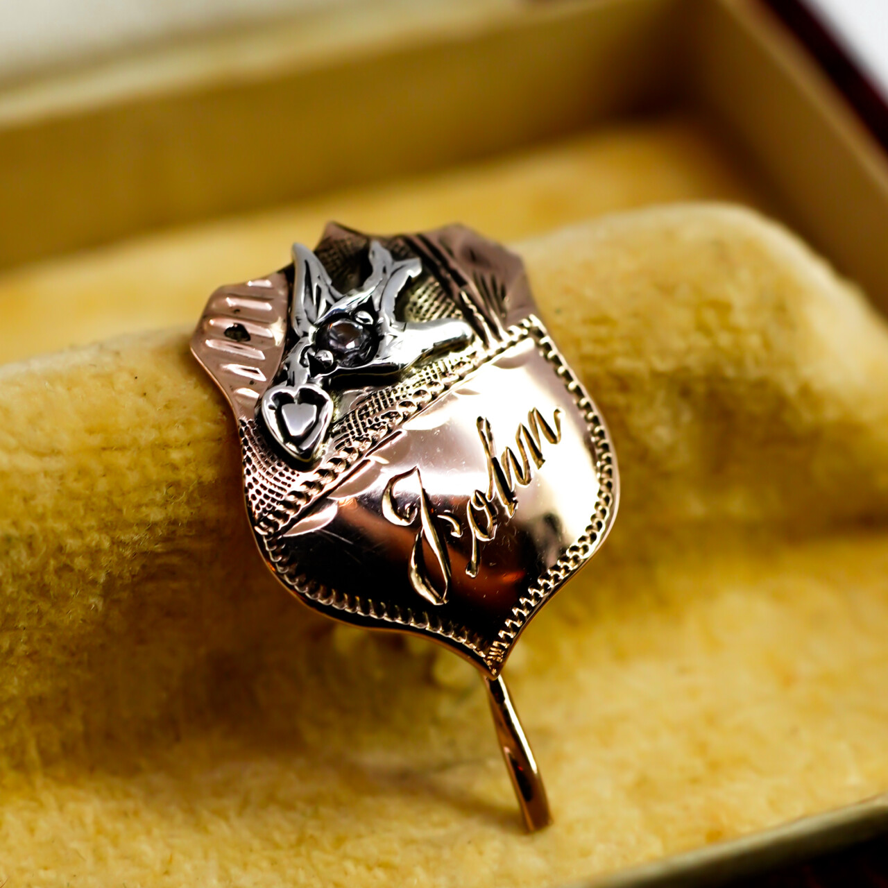 Antique 9ct Gold Shield Pin Badge with Silver Inlay Engraved John #66360