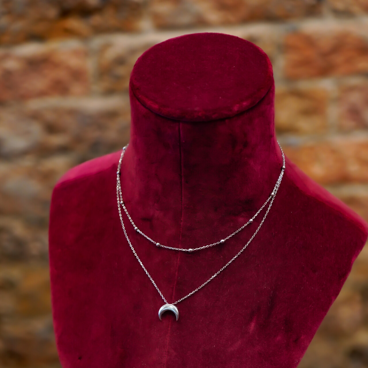 Sterling Silver Layered 2-Strand Ball Necklace with Crescent Moon Pendant #4255-82