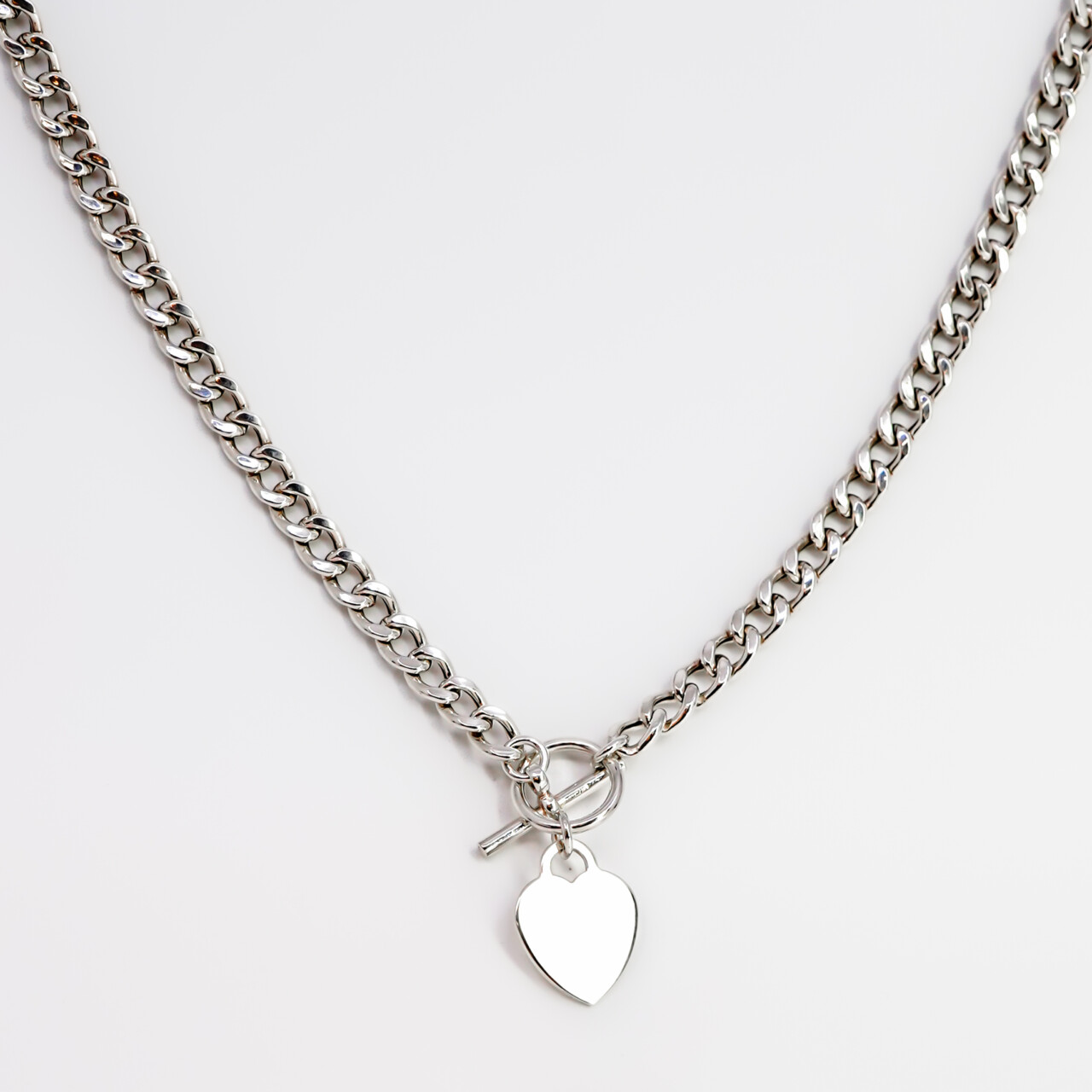 Sterling Silver Curb Link Toggle Necklace Chain + Heart Pendant – 45cm #66620