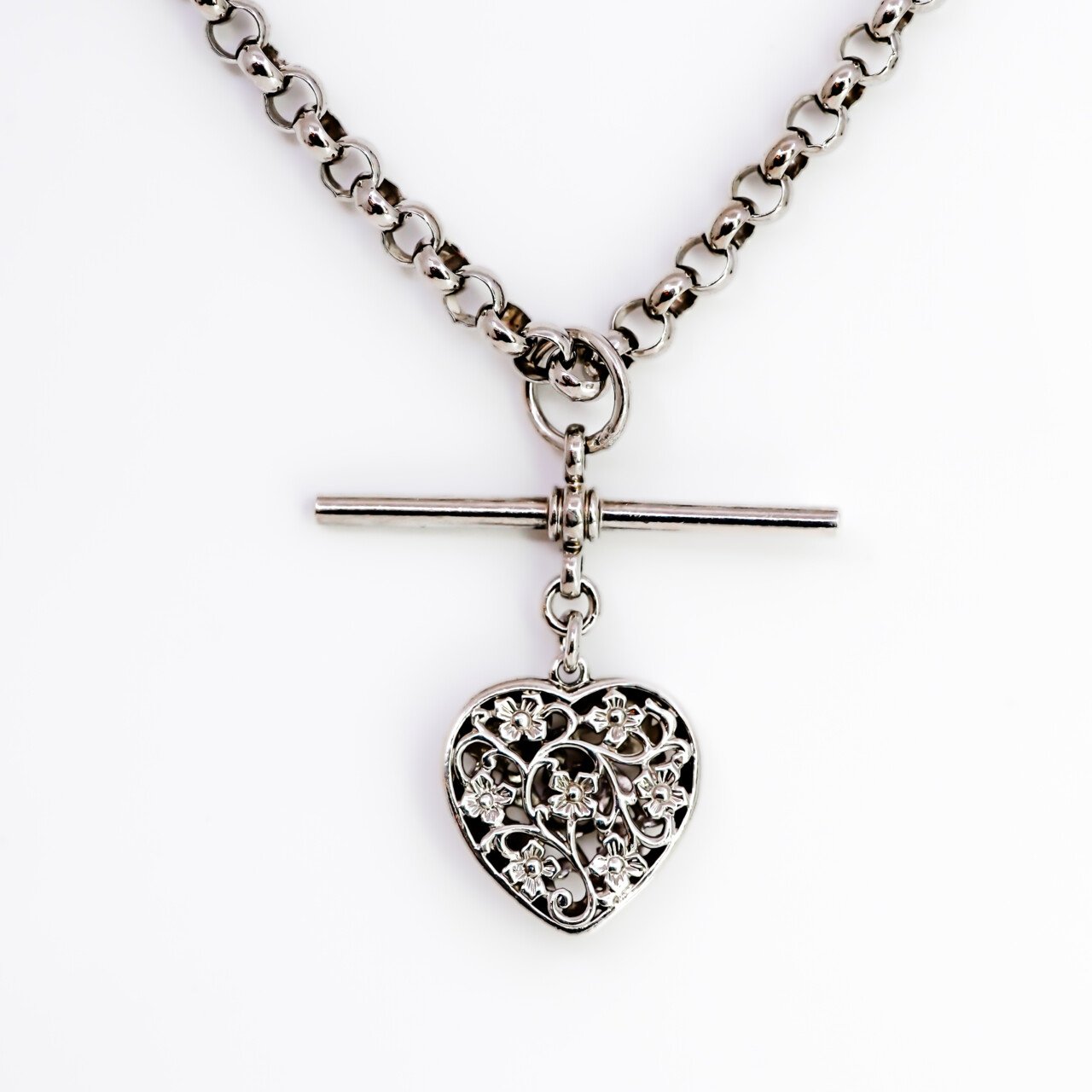 Sterling Silver Necklace Filigree Heart & T-Bar Pendant – 50cm #66621