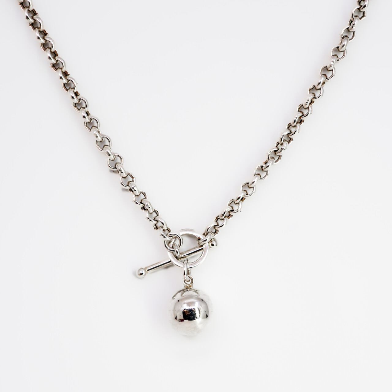 Sterling Silver Belcher Chain Toggle & Ball Charm Necklace – 45cm #66619