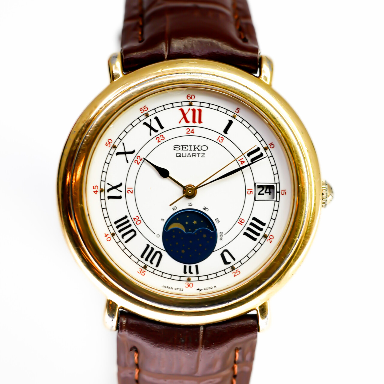 Vintage Rare Seiko 6F22-6050 Moon Phase Quartz Watch #66750