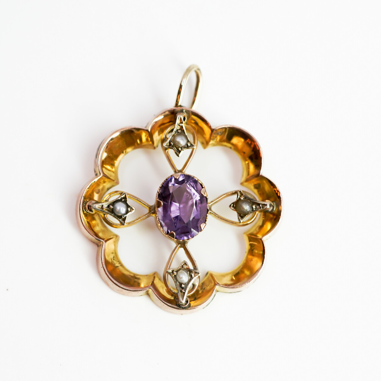 Antique 9ct Yellow Gold Amethyst & Seed Pearl Pendant – c.1906 Birmingham England #62191 Antique 9ct Yellow Gold Amethyst & Seed Pearl Pendant – c.1906 Birmingham England #62191