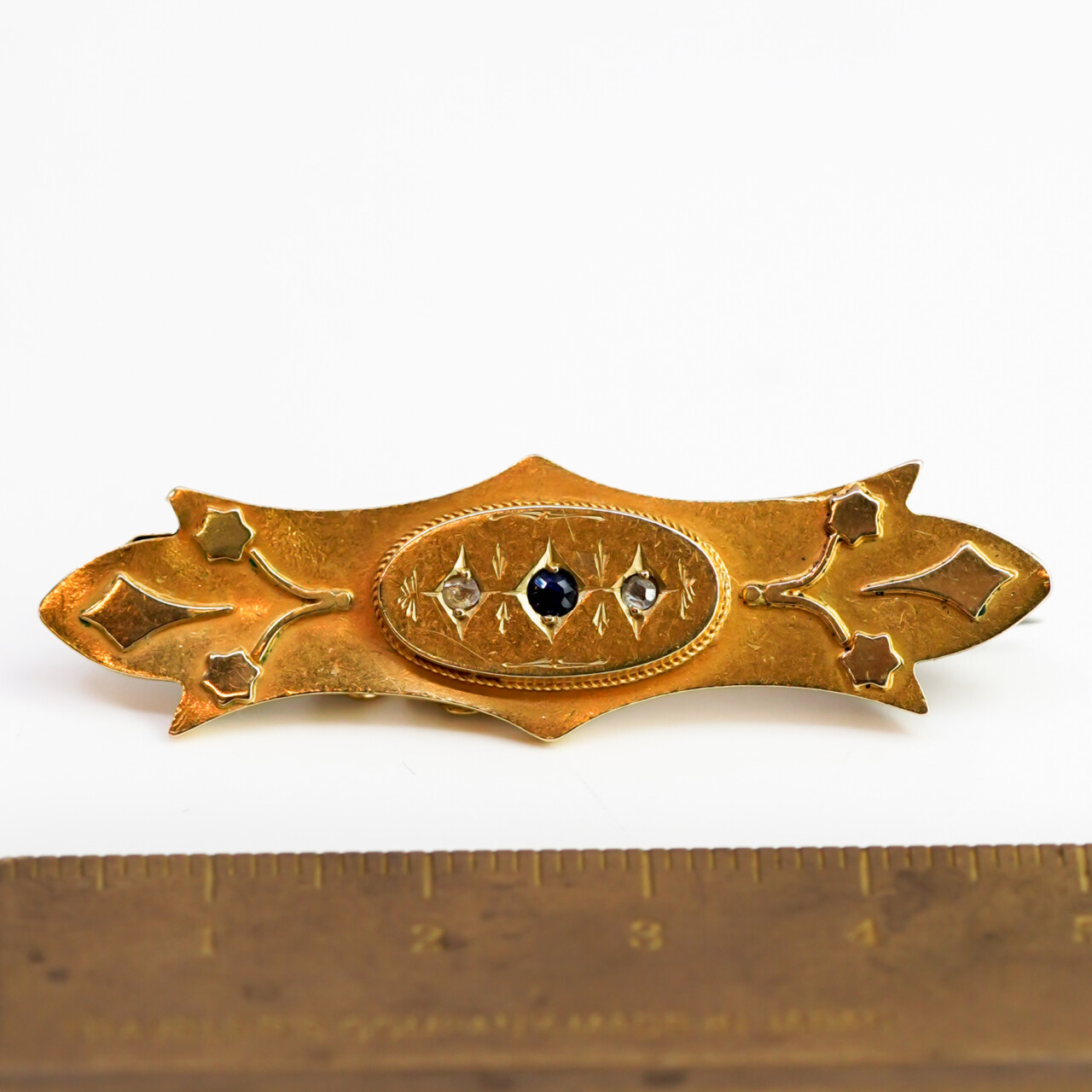 Antique 15ct Yellow Gold Sapphire & Rose Cut Diamond Brooch #67171 Antique 15ct Yellow Gold Sapphire & Rose Cut Diamond Brooch #67171 - Image 4