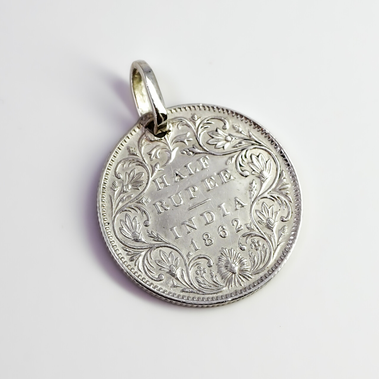 Antique 1862 Silver Indian Half Rupee Coin Pendant – Queen Victoria #67292