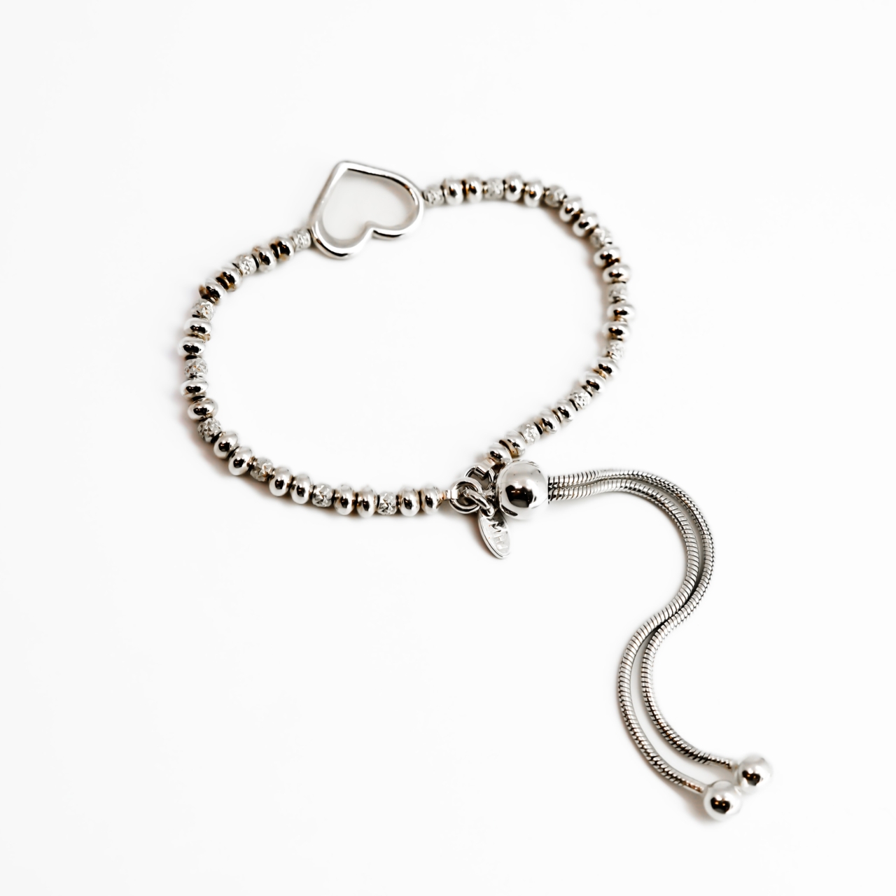 Sterling Silver Adjustable Beaded Heart Bracelet Italy – 14–18cm #66912 Sterling Silver Adjustable Beaded Heart Bracelet Italy – 14–18cm #66912 - Image 2