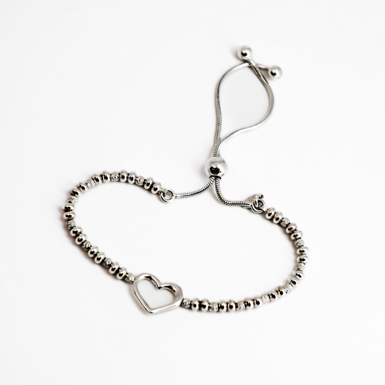 Sterling Silver Adjustable Beaded Heart Bracelet Italy – 14–18cm #66912 Sterling Silver Adjustable Beaded Heart Bracelet Italy – 14–18cm #66912