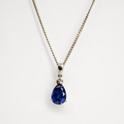 9ct White Gold Synthetic Sapphire & Diamond Pendant on Sterling Silver Chain