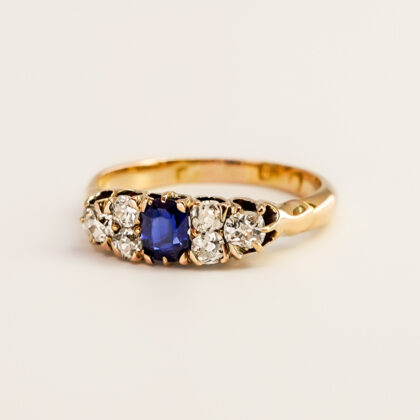 Antique 18ct Yellow Gold Blue Oval Sapphire & Old Cut Diamond Ring Size L #67648