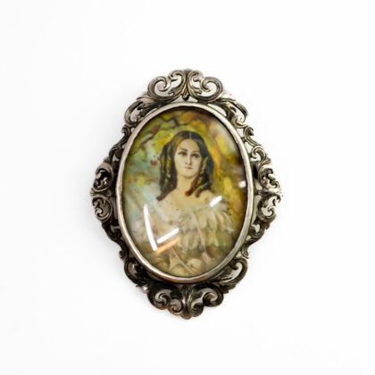 Antique Victorian Hand-Painted Portrait Brooch/Pendant – 800 Silver