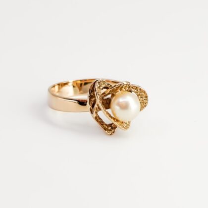 Vintage 9ct Yellow Gold Cultured Pearl Textured Ring Size Q
