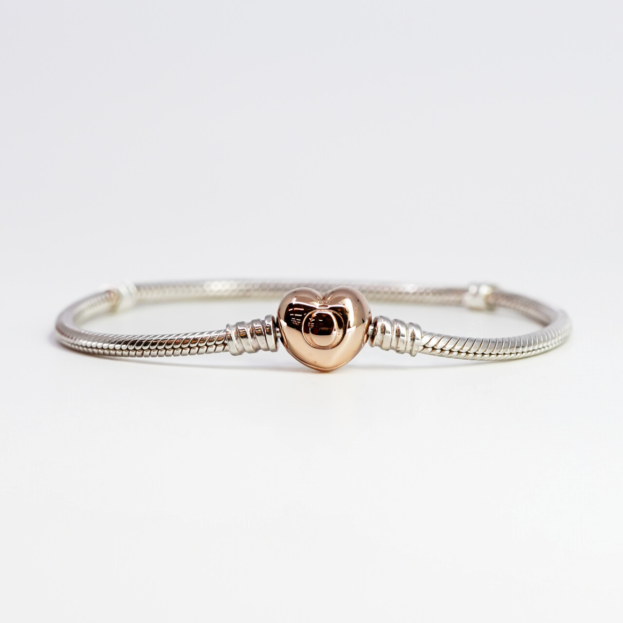 Pandora Charm Bracelet Rose Gold Plated Heart Clasp & Silver Snake Chain #66614