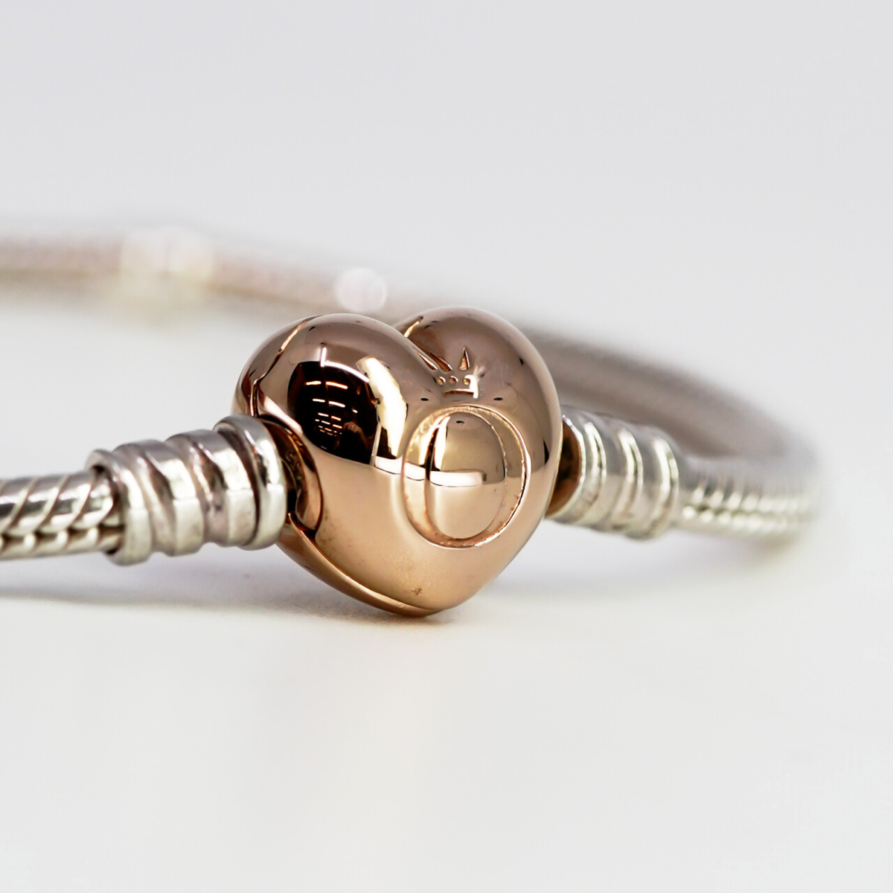Pandora Charm Bracelet Rose Gold Plated Heart Clasp Silver Snake