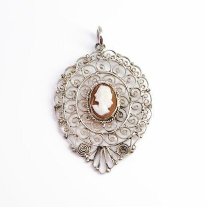 Vintage Large Sterling Silver Filigree Cameo Pendant