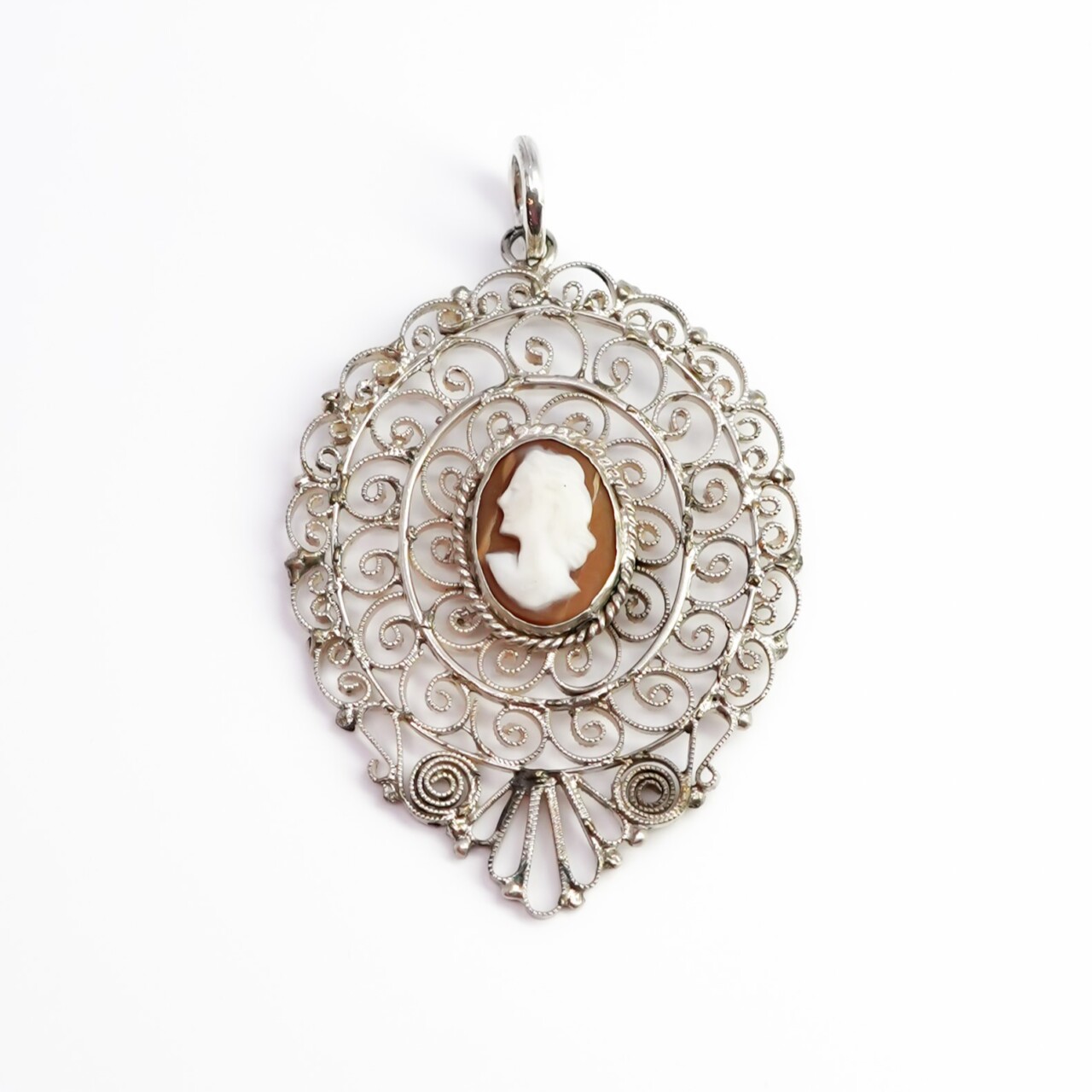 Vintage Large Sterling Silver Filigree Cameo Pendant #66680 Vintage Large Sterling Silver Filigree Cameo Pendant