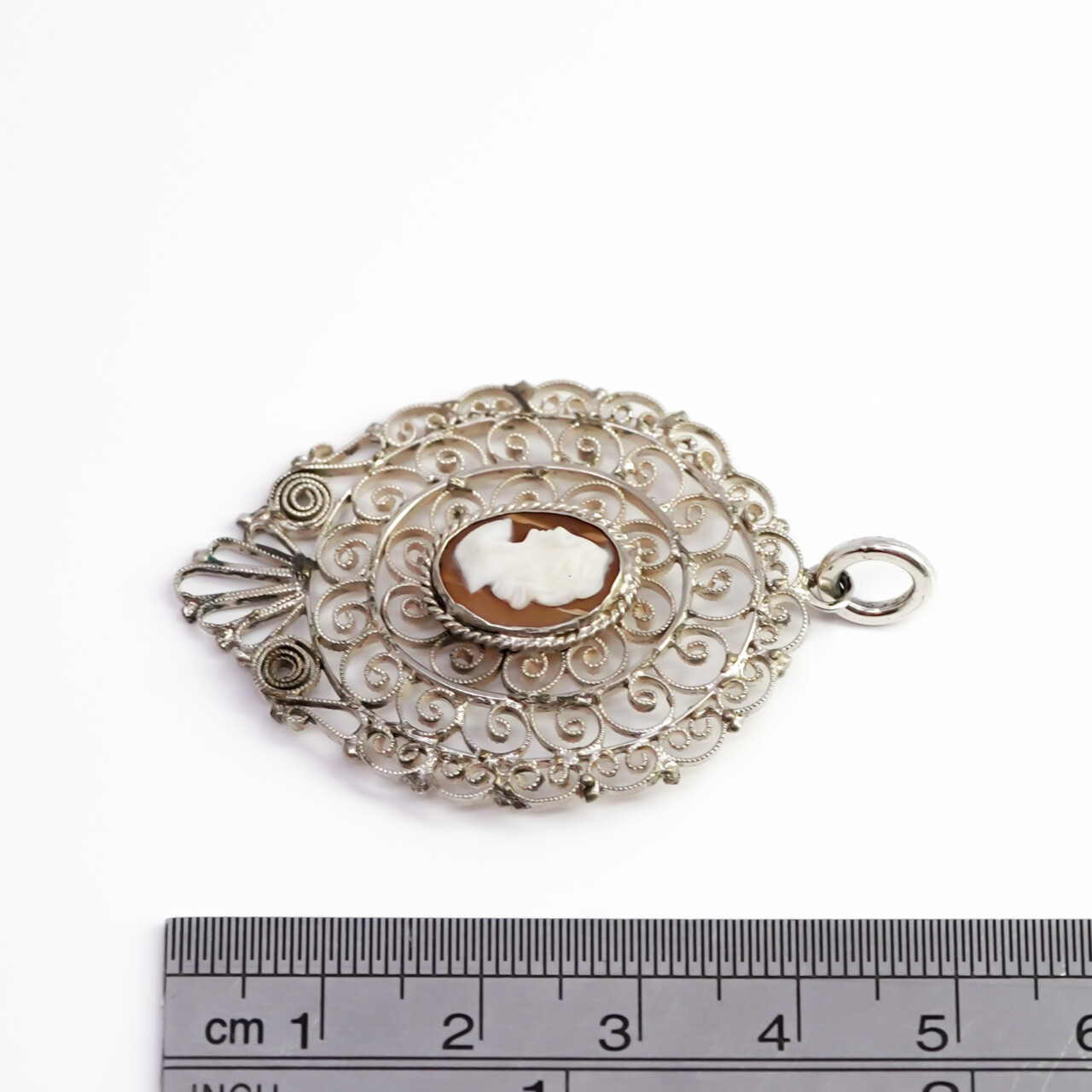 Vintage Large Sterling Silver Filigree Cameo Pendant #66680 Vintage Large Sterling Silver Filigree Cameo Pendant #66680 - Image 3