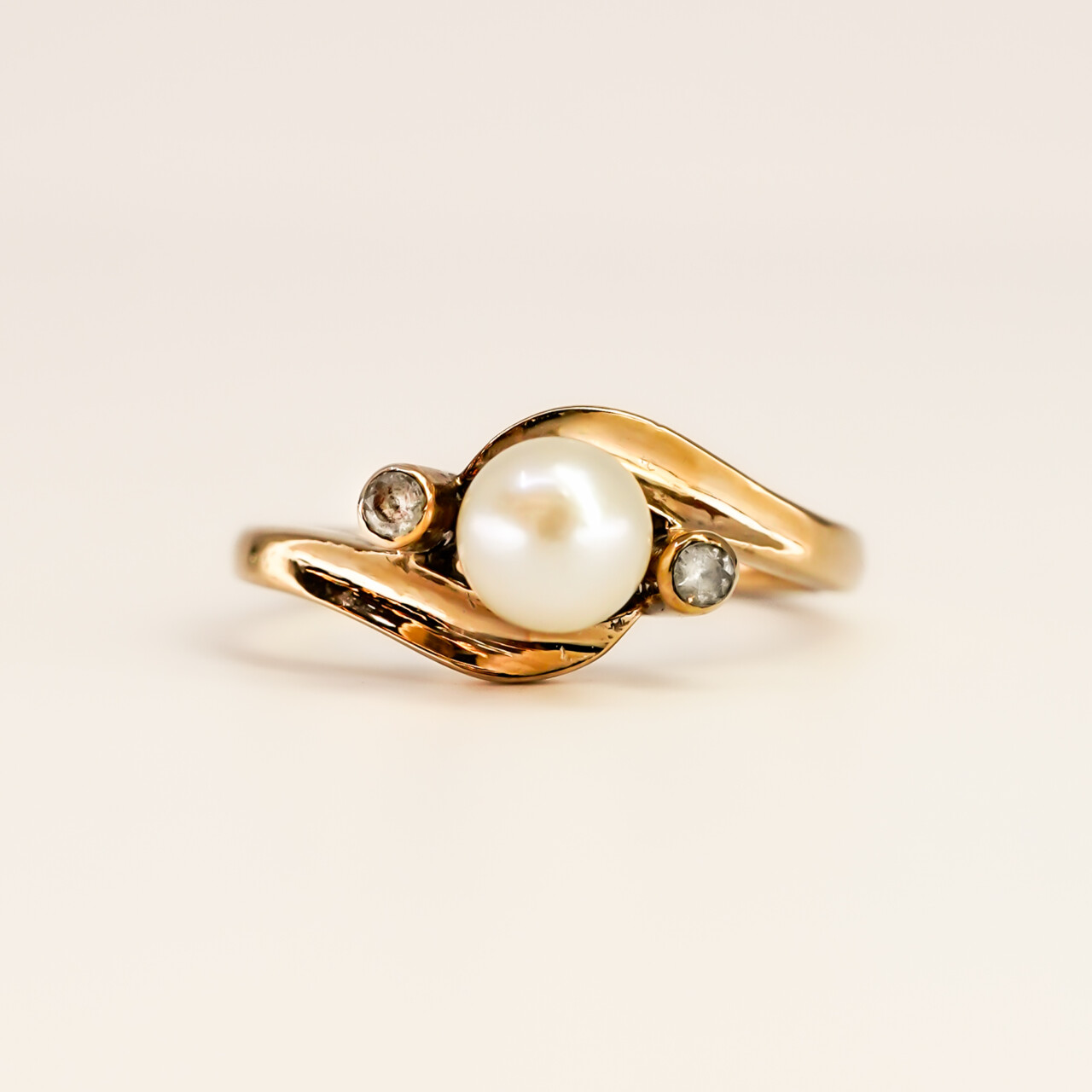Vintage 9ct Yellow Gold Pearl & CZ Ring – Size J #67636 - Image 4