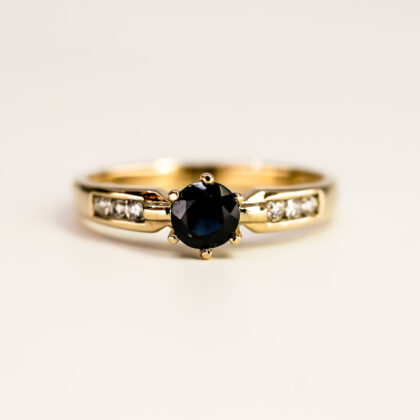9ct Yellow Gold Natural Blue Sapphire & CZ Ring Size O – 0.5ct Round #67786