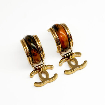 Chanel Gold-Tone & Brown Resin CC Pendant Earrings #65586