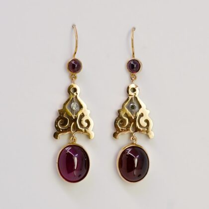 Vintage Yellow Gold Drop Earrings - 13ct Garnet & Old Cut Diamonds