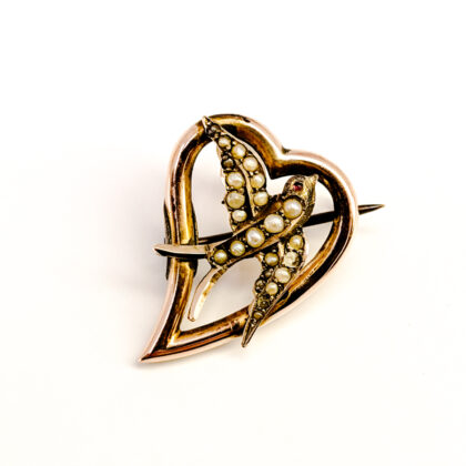 Vintage 9ct Rose Gold Heart Brooch with Seed Pearl Bird #67781
