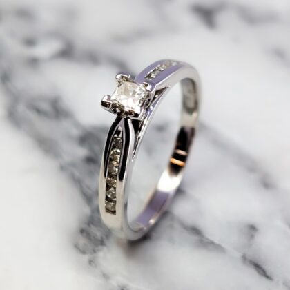 18ct White Gold Princess Cut Diamond Solitaire with Accents Ring – Size M½ #67522