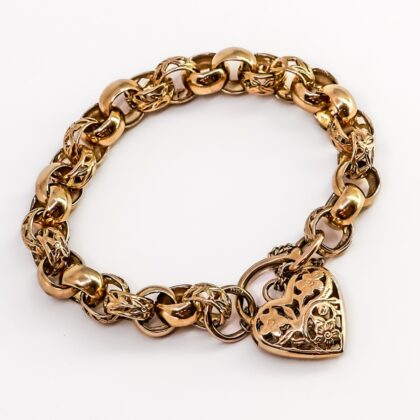9ct Yellow Gold Filigree Belcher Link Bracelet with Heart Padlock – 30.8g – Val $5950 #67977