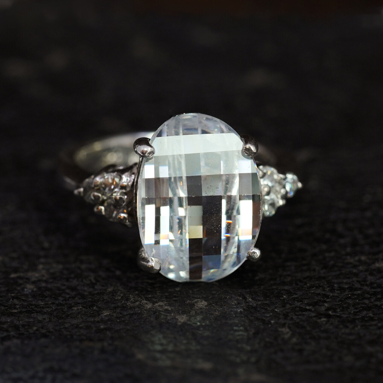 Sterling Silver Checkerboard White Stone Cocktail Ring Size L #67527