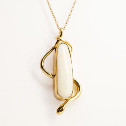 Snake Motif 18ct Yellow Gold Solid Milky Opal Hand-Made Pendant #67986