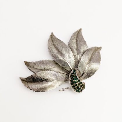 Vintage Costume Brooch – Leaf Design with Green Stones 76mm #67063