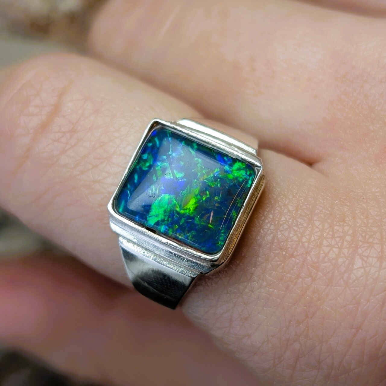 Sterling Silver Square Opal Triplet Signet Ring - Size S - New Old Stock #68040 Sterling Silver Square Opal Triplet Signet Ring - Size S - New Old Stock #68040 - Image 2